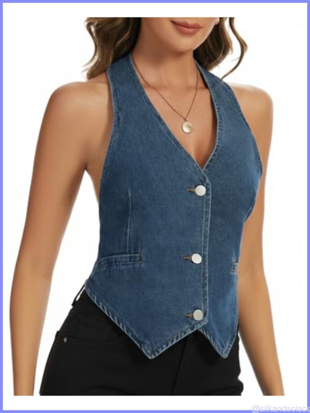 Denim Halter Vest Top Women Backless Tie Back Button Down V Neck Cowgirl